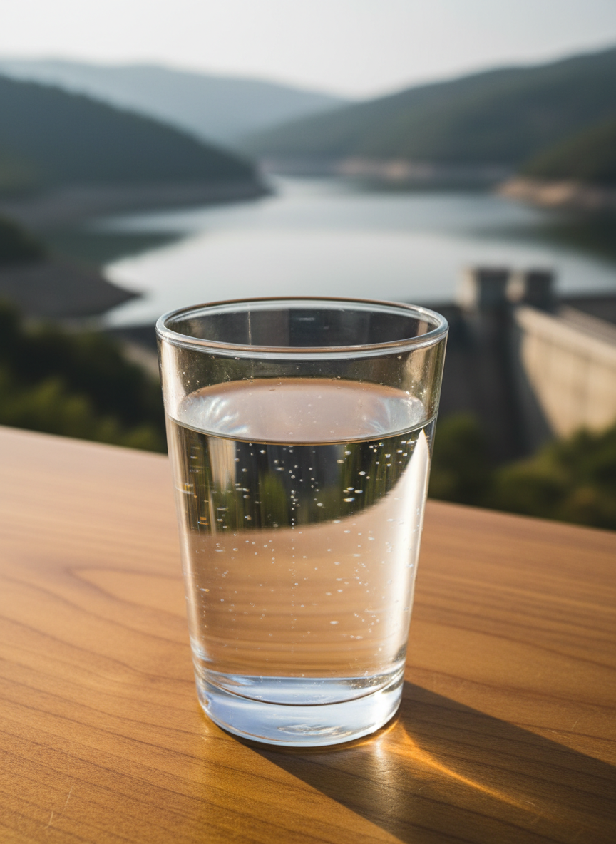 A crystal-clear glass of water filled to the brim, tiny bubbles clinging to the inner surface, resting on a smooth wooden table with visible grain and warm honey tones. Behind it stretches a blurred panoramic view of a large, calm reservoir bordered by green hills and distant concrete dams. Late afternoon natural light enters from the side, creating a bright highlight along the rim and a soft shadow on the table. The mood is reflective and serious yet hopeful, emphasizing water as a vital resource. Captured at eye level with shallow depth of field, photographic realism, and a clean, professional aesthetic suitable for a science-focused blog header.