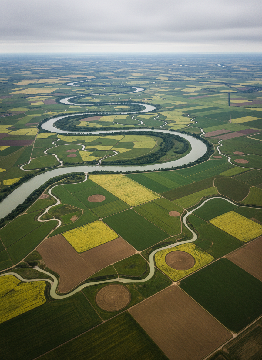 An expansive aerial view of a winding river cutting through a patchwork of agricultural fields in varying shades of green, brown, and yellow, vividly showing irrigation channels branching like veins from the main watercourse. The sky is overcast, providing diffused, even lighting that reduces harsh contrasts and enhances subtle color differences in the landscape. The atmosphere is analytical and documentary, emphasizing the scale of water use in food production. Photographic realism with sharp focus throughout, captured from a high altitude, wide-angle perspective, framed with the river on the rule of thirds line. The image feels professional and informative, ideal for discussing water management and society’s dependence on water for prosperity.